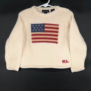 Ralph Lauren Kids Knit American Flag Sweater Girls 4T Ivory/Beige Cotton